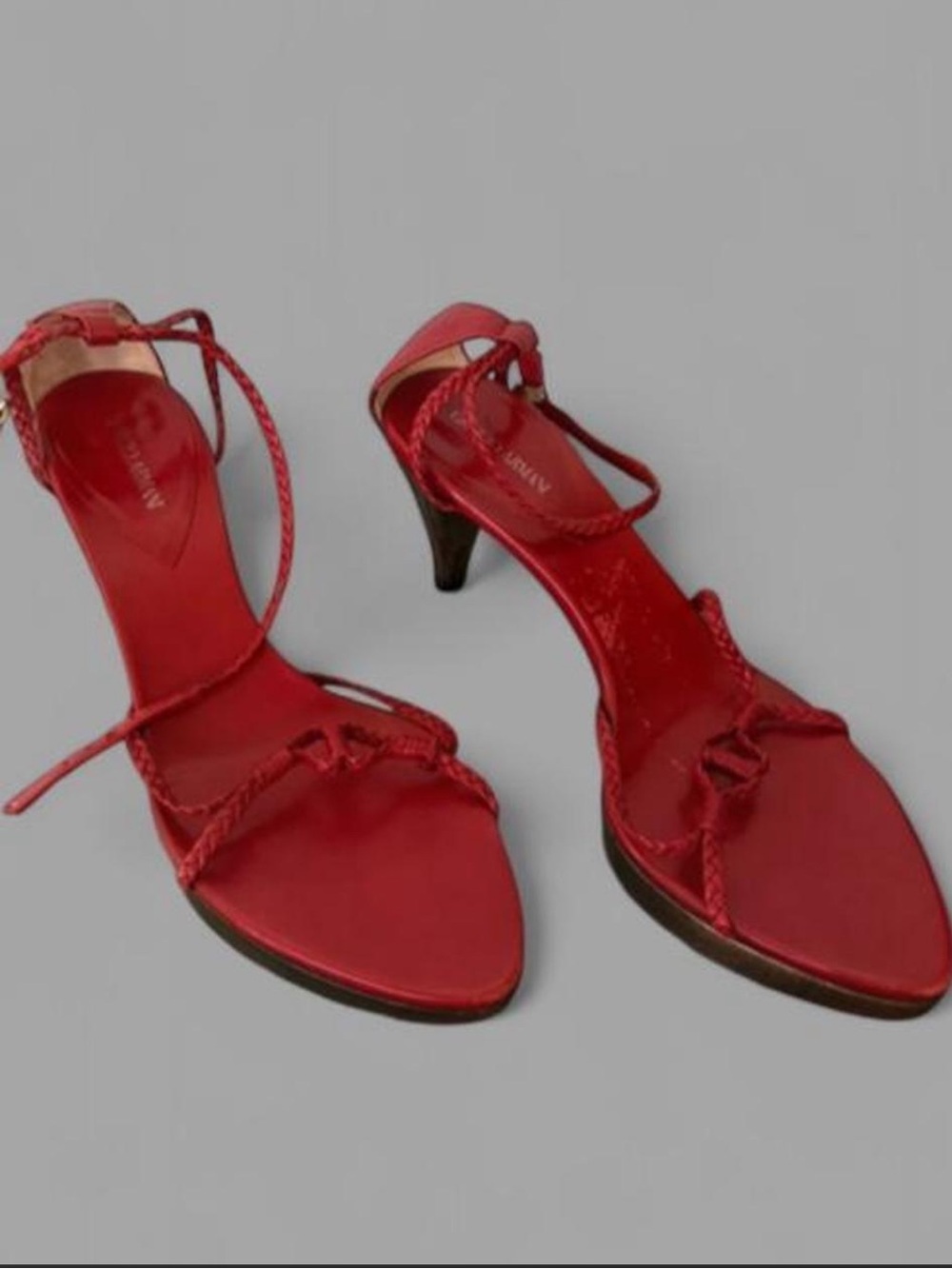 Vintage Giorgio Armani Red Braided Leather Wood Platform Heels Size 38